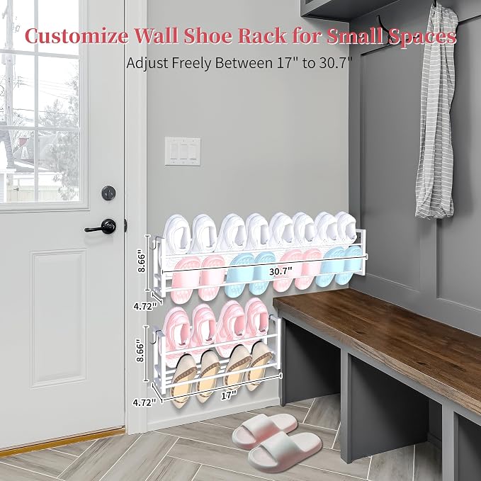 4 Pack Wall Mounted Shoe Rack for Narrow Spaces, Hanging Shoe Rack Holds 32 Pairs, 17"-30"Adjustable Heavy Duty Wall Shoe Storage with 8 Storage Hooks, Space Saving for Closet Entryway Door, White