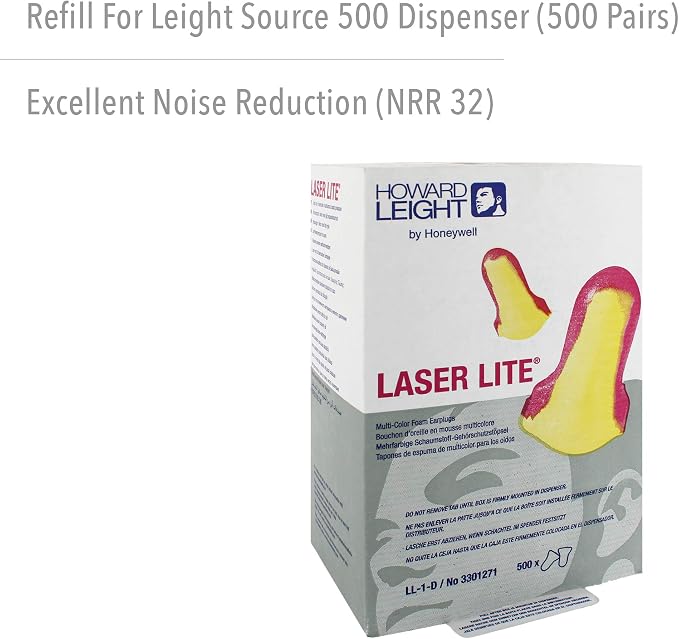 HOWARD LEIGHT Honeywell Home by Laser Lite High Visibility Disposable Foam Earplug Refill for Leight Source 500 Dispenser, 500 Pairs (LL-1-D), Magenta/Yellow