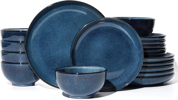 Pokini Stoneware Dinnerware Sets for 6, 18 Pieces Ceramic Plates and Bowls Sets, Chip and Scratch Resistant Dish Set, Dishwasher & Microwave Safe Plate Set, Starry Blue