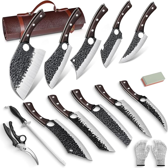 DRGSKL Serbian Chef Knife Set - 10 PCS Hand Forged Knife Set with Bag | Japanese ATS-34 Steel, Hand Forged Full Tang Knife, Ebony Handle, Anti-stick Pounding Texture, Full Accessory Kit, Ideal Gift