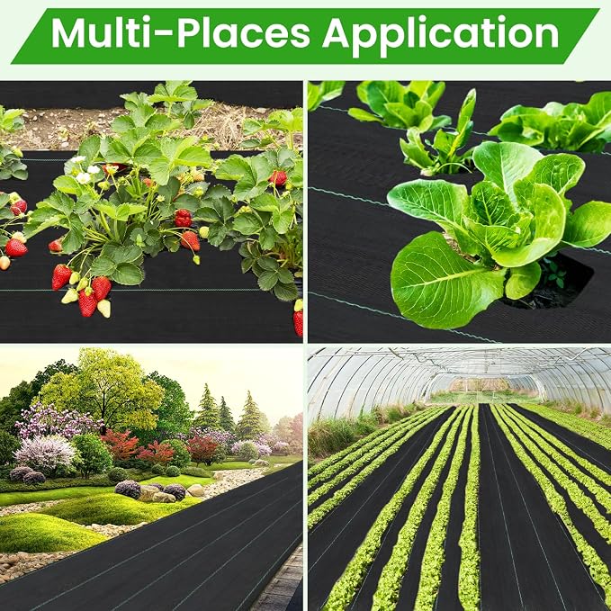Rintea Weed Barrier Fabric, 6 x 300 ft, 3.2 oz Landscape Fabric | Heavy-duty woven polypropylene with guide lines and 20 U-stakes for gardens, flower beds, landscaping and driveways