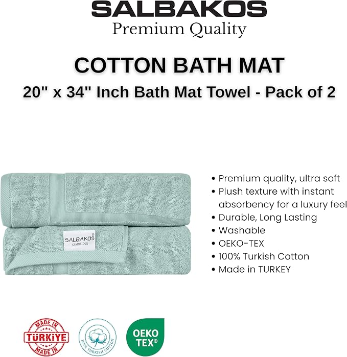 SALBAKOS 2-Piece 100% TurkishCotton BathMat Towel, 20x34 inch SeafoamGreen | Bathroom Floor Towels, Thick Soft Most Absorbent Quick-Dry Durable Large Size Foot Rug, Premium Hotel Quality Made in Turkey