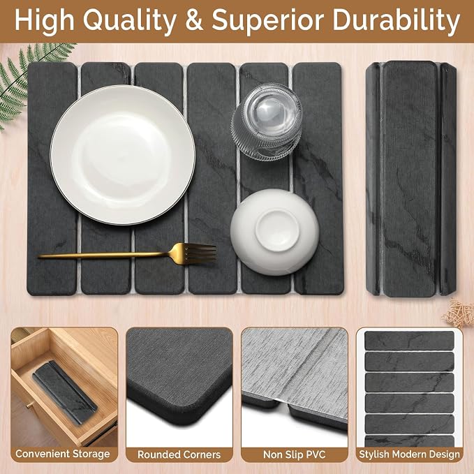 Small Stone Dish Drying Mat for Kitchen Counter, 2 PCS 16"×12" & 8"x4" Quick Dry Stone Mats, Foldable Water Absorbing Diatomaceous Earth Drying Dish Pad for Countertop Bottles Utensils Cups(Dark Gray)