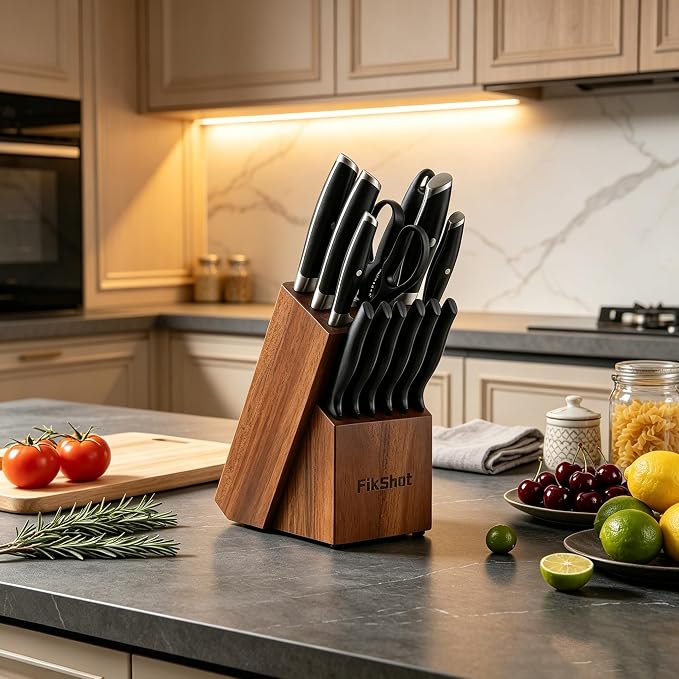 Fikshot Knife Set, German Stainless Steel, Black, 14-Piece kitchen knives | Full Tang Handle, Ultra-Sharp, Knife Block & Sharpener Included, Rust-Resistant, Dishwasher-Safe, Gift for Chefs, BBQ Prep