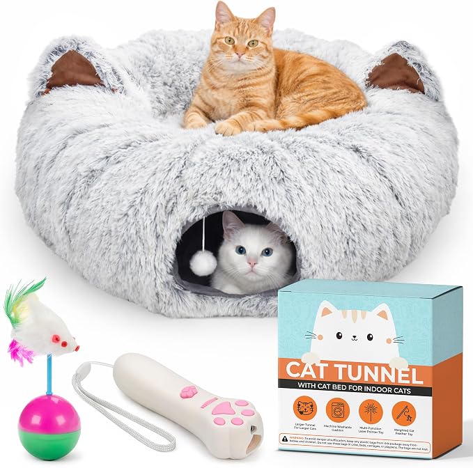 WiskaDen XL Plush Cat Tunnel Bed with Toy and Elderly Feline Access. 3-in-1 Light Grey Fluffy Donut Cushion with Ears. Circle Tube for Indoor Cats Leisure, Hiding Spot, Dog Bed, or Rabbit Cave