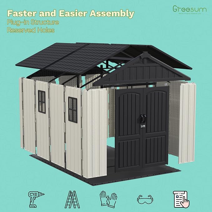 Greesum 8x12FT Plastic Outdoor Storage Shed with Floor, Resin Sheds with Window and Lockable Door, Easy Assembly, HDPE Kick-it Shed for Garden, Lawn, Backyard, Beige