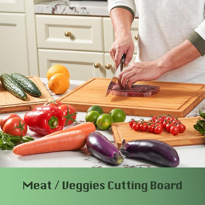 Allsum Bamboo Wood Cutting Board for Kitchen, 1" Thick Butcher Block, Cheese Charcuterie Board, with Side Handles and Juice Grooves, 16x11"
