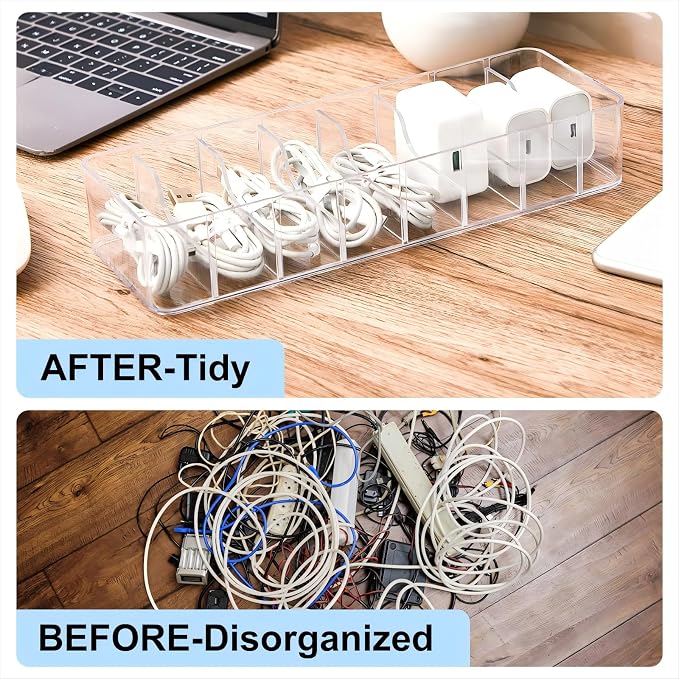 Tatuo 2 Pcs Cable Organizer with 20 Wire Ties, Plastic Cord Storage Charger Box Electronics Organizer with Adjustment Compartments Cable Storage for Drawer Home Office Desk Accessories (Clear)