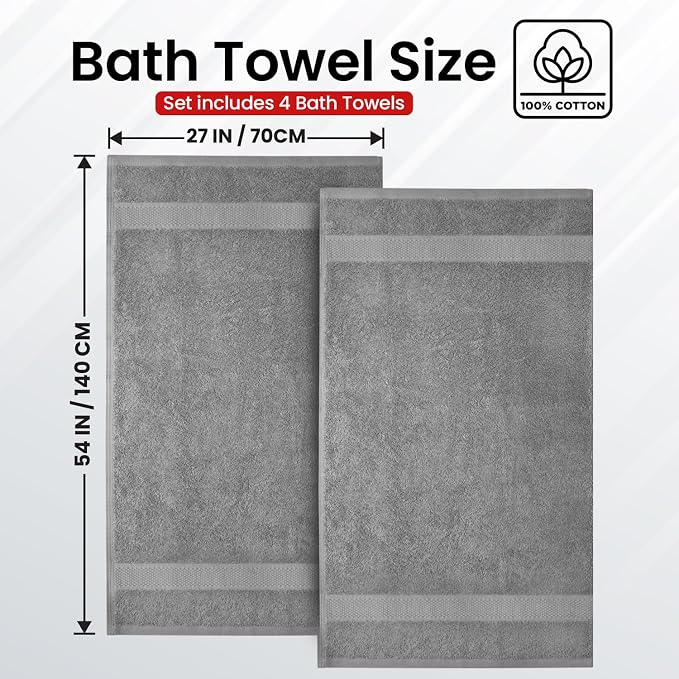Infinitee Xclusives 100% Ring-Spun Cotton Bath Towels for Bathroom - Pack 4 | Luxury Super Soft, Absorbent & Quick-Drying |27x54 inches| Large Bathroom Towels Set |600 GSM| Gym, Shower, Spa & Hotel Use