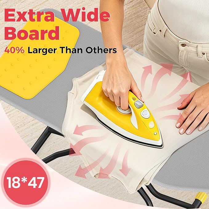 KINGBOARD Extra Wide Ironing Board, 18x47 Full Size Ironing Board with Silicon Iron Mat, Large Stand with 7 Adjustable Heights, Heavy Duty Iron Board with Heat Resistant Cover, Grey