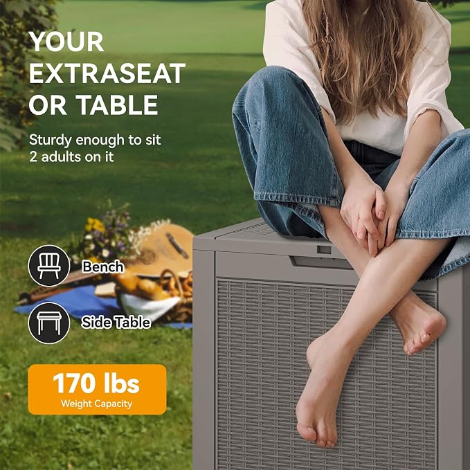 29 Gallon Outdoor Storage Box, Resin Deck Boxes Indoor and outdoor, Waterproof Storage Box Lockable Lid for Garden Tools, Package Delivery, Pool Supplies, Patio Cushions, Grey