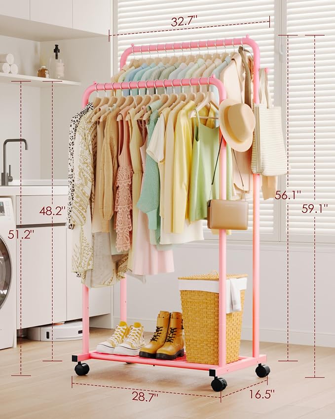Sakugi Clothes Rack - Double Rods Clothing Rack with Mesh Shelf, Hooks & Wheels, Metal Clothing Racks for Hanging Clothes & Bags, Multifunctional Garment Rack for Laundry, Pink, 28.7" x 16.5" x 59.1"
