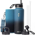 Water Bottle 40 oz Insulated with Straw, Coolflask Stainless Steel Metal 3 Lids Water Flask for Sports or Office, Keep Cold 48H Hot 24H, Samurai Cyan