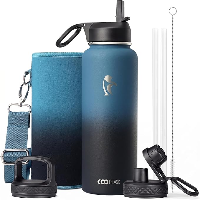 Water Bottle 40 oz Insulated with Straw, Coolflask Stainless Steel Metal 3 Lids Water Flask for Sports or Office, Keep Cold 48H Hot 24H, Samurai Cyan