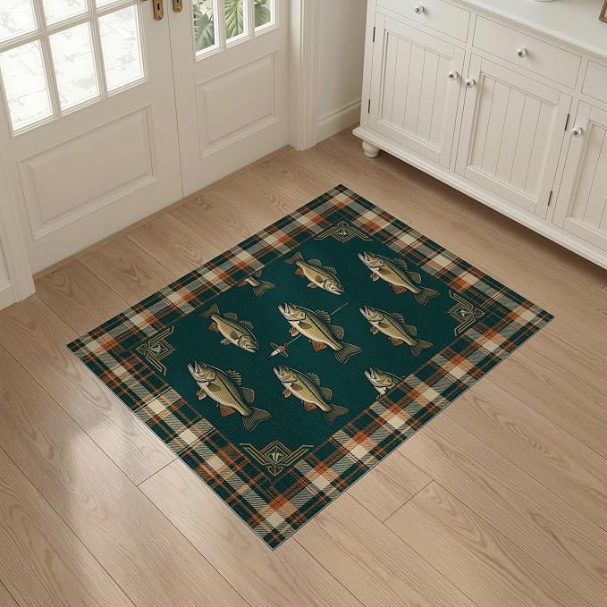 3'x5' Washable Area Rug Cabin Bass Plaid Border Vintage Baits Lure Tackle Fish Fishing Refined Stain Resistant Flatwoven for Entryway, Kitchen, Mudroom