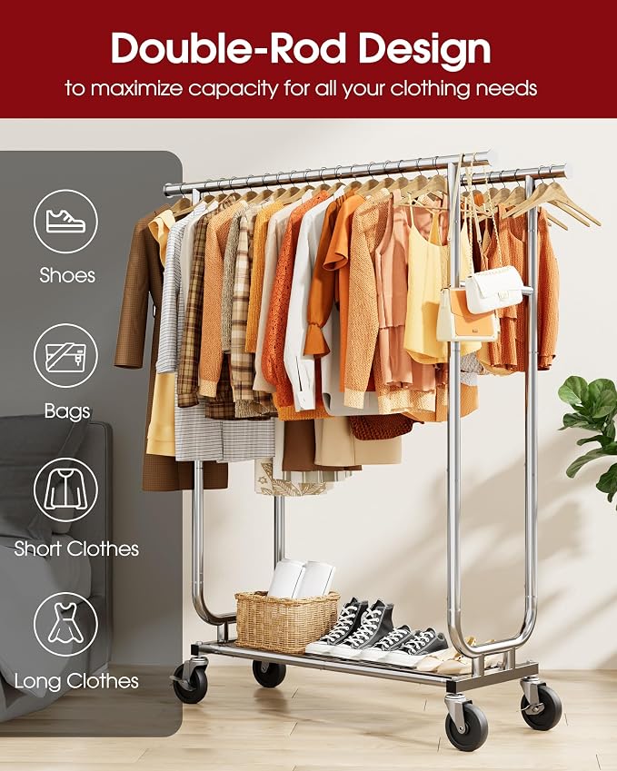 Sakugi Heavy Duty Stainless Steel Rolling Clothes Rack with Mesh Shelf, Lockable Wheels & Anti-Slip Stoppers, Large Capacity Clothing Organizer for Bedroom, Laundry Room, 43.5" x 16.5" x 65.9", Silver
