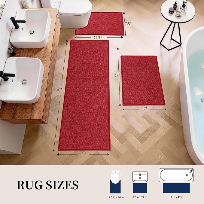 YIHOUSE Red Bathroom Rugs Sets 3 Piece, Quick Dry Thin Bath Mat with Toilet Rug, Non Slip Absorbent Machine Washable, Bath Runner Rugs for Bathtub Sink Home Decor