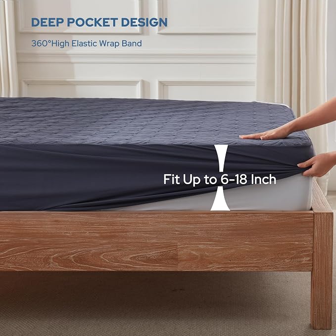 BEDLORE Waterproof Mattress Protector, Queen Size Mattress Pad with Deep Pocket 6"-18" Depth, Soft Dirt-Proof Double Bed Mattress Cover for Bedroom, College Dorm, Hotel (Navy Blue)