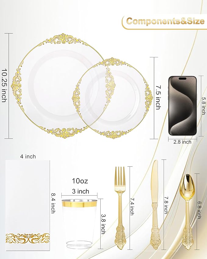 Nervure 350PCS Clear Gold Plastic Plates - Gold Plastic Dinnerware Sets for 50 Guests - 100 Disposable Plates, 150 Silverware, 50 Cups, 50 Napkins for Wedding & Party