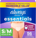 Always Discreet Essentials Adult Diapers for Women, Postpartum Essentials, Disposable Briefs, Unscented Incontinence Underwear Bladder Leak Protection, Size S/M, 56 Count