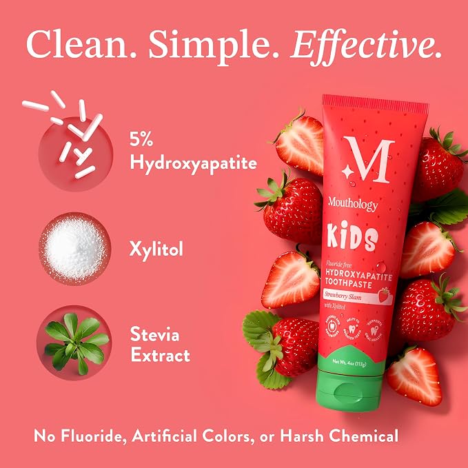 Mouthology Hydroxyapatite Kids Toothpaste Fluoride Free with Xylitol, Non Toxic Fluoride Free Toothpaste for Kids, All Ages (1-3), (3-6) & (6-12) Strawberry, 4oz