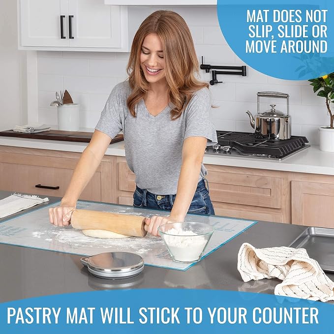 KPKitchen Stainless Steel Measuring Cups and Spoons Set of 14 and Silicone Pastry Mat - 7 Cup and 7 Spoon Metal Measure Sets - Extra Large Baking Mat For Rolling Out Dough - 100% Silicone & BPA Free
