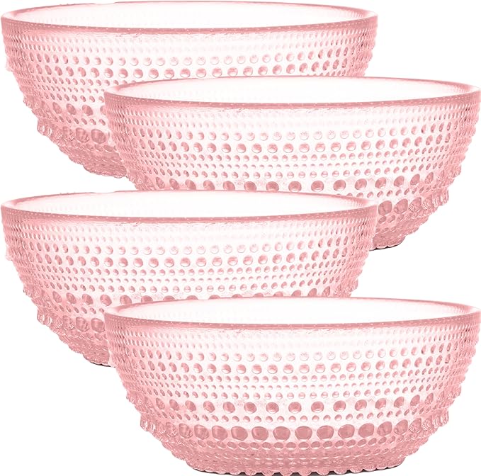 Pink Glass Dinner Plates, Small Plates, and Bowls Set – Vintage Hobnail Pink Glassware Set of 12, Elegant Tableware for Housewarming, Thanksgiving, or Everyday Dining