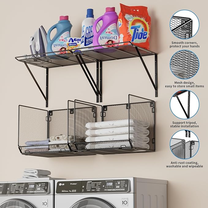 2 Pack Laundry Room Shelves Organization and Storage,Wall Mounted Clothes Drying Rack with Wire Mesh Basket Over Washer and Dryer, (Black, 2 Pack)