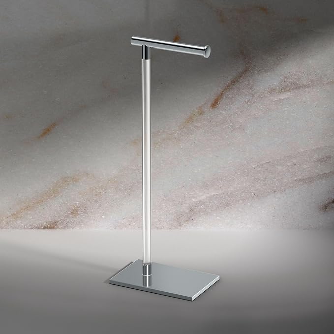 Gatco 1331C Modern Rectangle Base Freestanding Toilet Paper Holder, Chrome/Acrylic, Weighted Base Bathroom Tissue Stand 22.25"