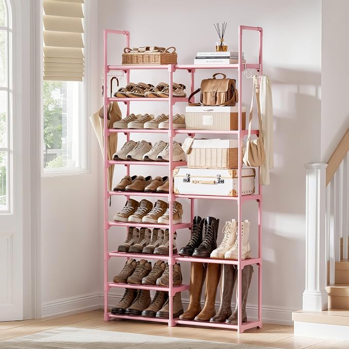 WOWLIVE 9 Tiers Large Shoe Rack White Shoe Rack Organizer for Closet 50-55 Pairs Stackable Heavy Duty Shoe Shelf Shoe Storage with Metal Pipes Plastic Pink