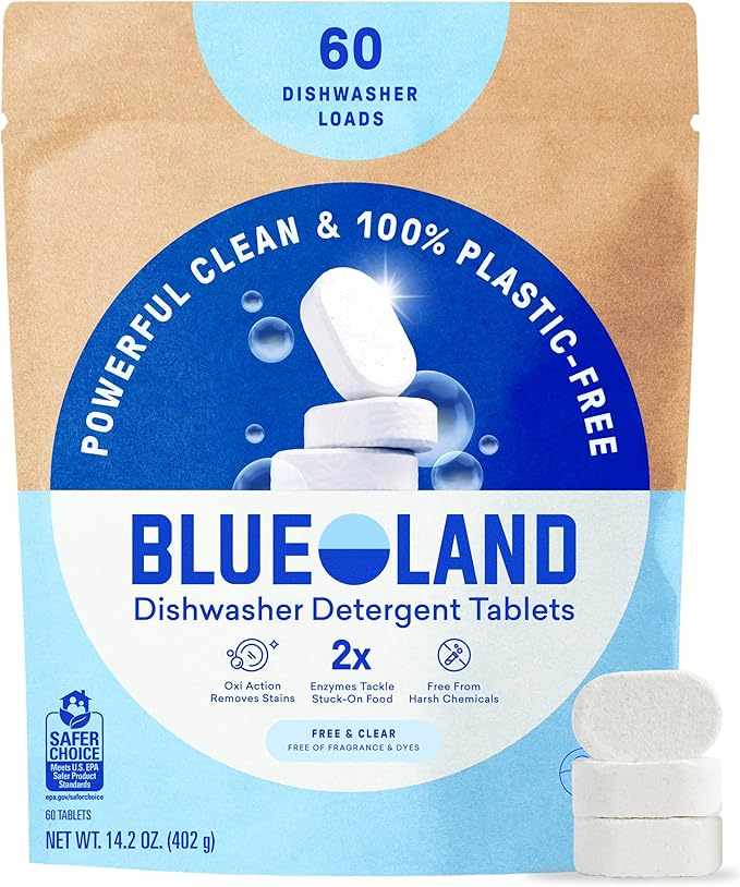 BLUELAND 100% Plastic-Free Dishwasher Detergent Tablets, 60 Count, Free & Clear, Eco-Friendly Dishwashing Pods, Cuts Grease & Stuck on Food, Rinses Clean for Streak-Free Shine