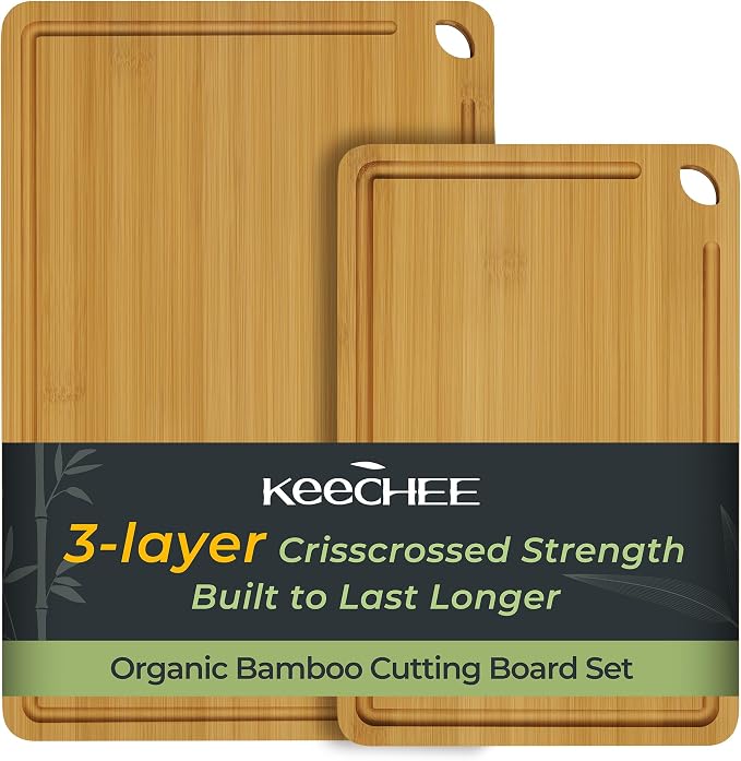 Keechee Natural Bamboo Cutting Board Set of 2, Wood Chopping Blocks | Deep juice grooves, built-in handles, versatile two piece set for meat, cheese and fruit