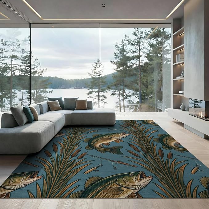 8'x10' Washable Area Rug Bass Lake Lure Tackle Reeds Border Motif Angler Fish Fishing Refined Structured for Living Room, Under Sectional, Family, Non-Slip Flatwoven