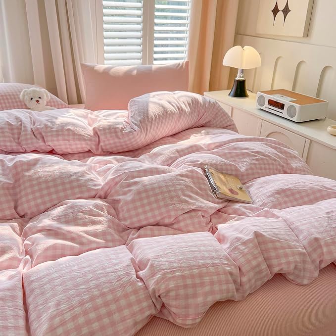 mixinni Light Pink Gingham Duvet Cover Set Full Size - 100% Washed Cotton 3 Piece Plaid Checkered Bedding Set, Soft Comfy Grid Farmhouse Comforter Cover with Zipper Closure & Corner Ties