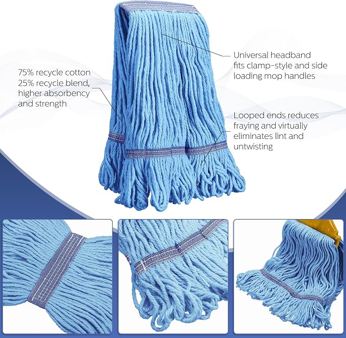 Eccliy 6 Pack Commercial Mop Heads Replacement Heavy Duty 18 oz Loop End Cotton String Wet Mop Refills Washable Absorbent Reusable for Industrial Home Tile Wood Concrete Floor (Blue,Orange)