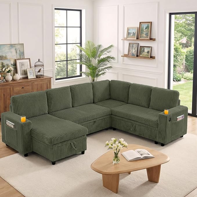 106 in L-Shaped Sectional Sleeper Sofa Couch for Living Room, Green | Pull Out Bed, 7 Seat Modular Design, Hidden Storage Space, USB Charging, Cup Holders, Soft Corduroy Fabric, Easy Assembly