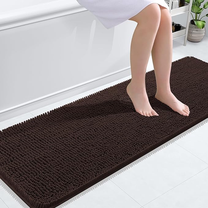 OLANLY Bathroom Runner Rugs 59x20, Extra Soft Absorbent Chenille Bath Rugs, Rubber Backing Quick Dry, Machine Washable Long Bath Mats for Bathroom Floor, Tub and Shower, Home Decor Accessories, Brown