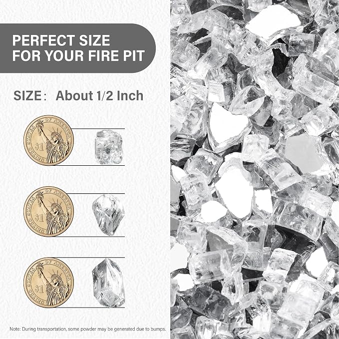NUPICK 10 Pound Fire Glass, 1/2 Inch Reflective Fire Pit Glass | Tempered Fire Pit Rocks for Propane or Natural Gas, Glass Rocks for Fire Pit Table, Fireplace, Fire Bowl, Landscaping, Clear