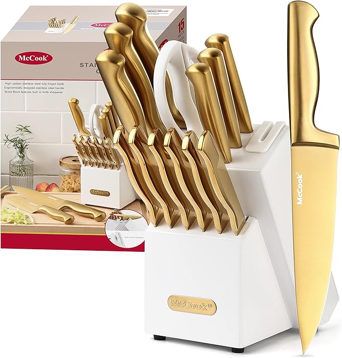McCook Knife Set Gold Kitchen Knife Block Set w Built-in Sharpener | German Forged Stainless Steel,15 PC,Razor Sharp,Anti-Rust, Ergonomic Handles,Full Tang,Elegant Gold, Gift Box