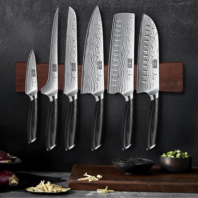 HOSHANHO 7-Pc Knife Set with Magnetic Knife Holder, Japanese Chef Knife Set | Ultra Sharp High Carbon Powder Steel Kitchen Knives Set, Professional Chef's Knives with Ergonomic Pakkawood Handle