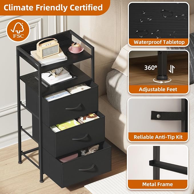Somdot Nightstand with 3 Drawers, Dresser with Fabric Bins for Bedroom, Hallway, Entryway, Night Stand Bedside Table Furniture, Sturdy Steel Frame, Wooden Top, Easy Pull Fabric Bins, Black