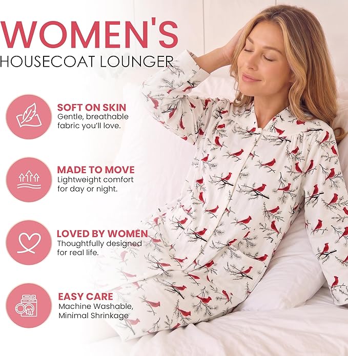 Casual Nights Women's Floral Snap Front Flannel Duster Long Sleeve Lounger Dress