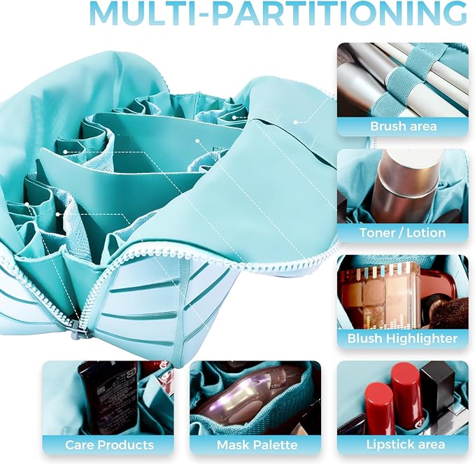 Travel Makeup Organizer Bag with Fold-Down Design and Adjustable Dividers, 27 Pockets & 3 Brush Storage Holders, Large Capacity Cosmetic Bags Toiletry Case - Light blue
