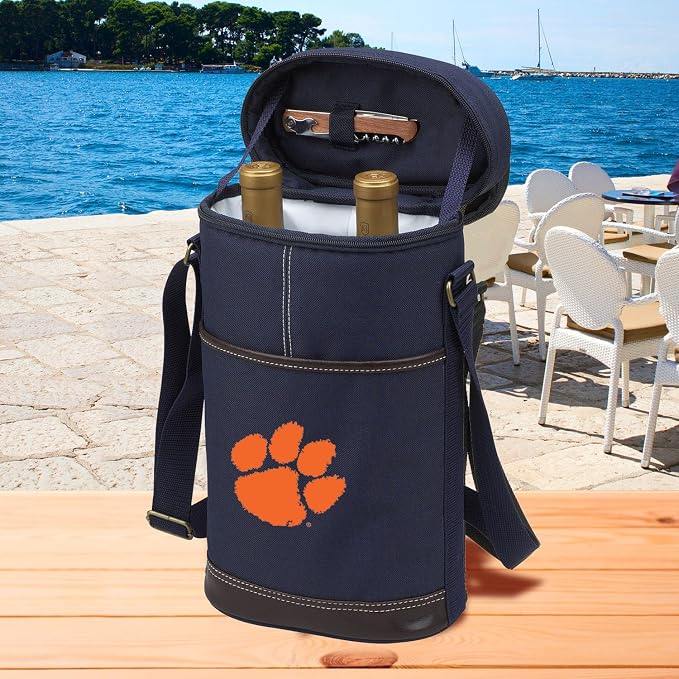 Picnic at Ascot Clemson Licensed Insulated 2 Bottle Travel Wine Tote with Corkscrew & Shoulder Strap -Designed & Assembled in the USA
