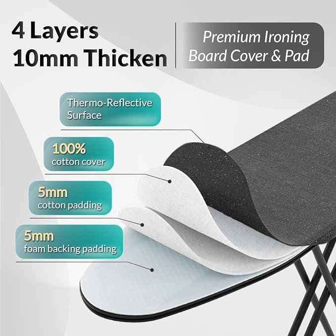 ZOES HOMEWARE 2026 Enhanced Ironing Board, Folding Iron Board with Retractable Iron Rest& Hook, 7-Level Height Adjustable Ironing Table with Thermo-Reflective Surface &10mm Thicken Pad, 43"x14"x36"
