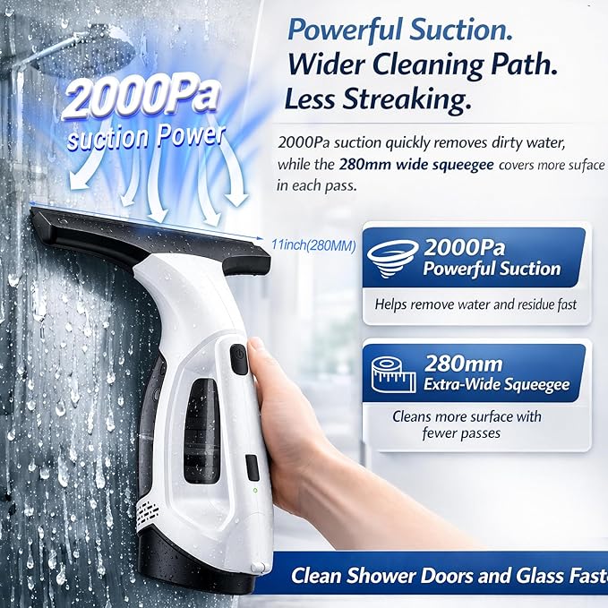 Window Vacuum Squeegee Cordless, Electric Window Cleaner Tool with 2000Pa Suction, 2200mAh Rechargeable Battery, 150mL Detachable Tank, 11-Inch Blade for Windows, Shower Doors, Mirrors