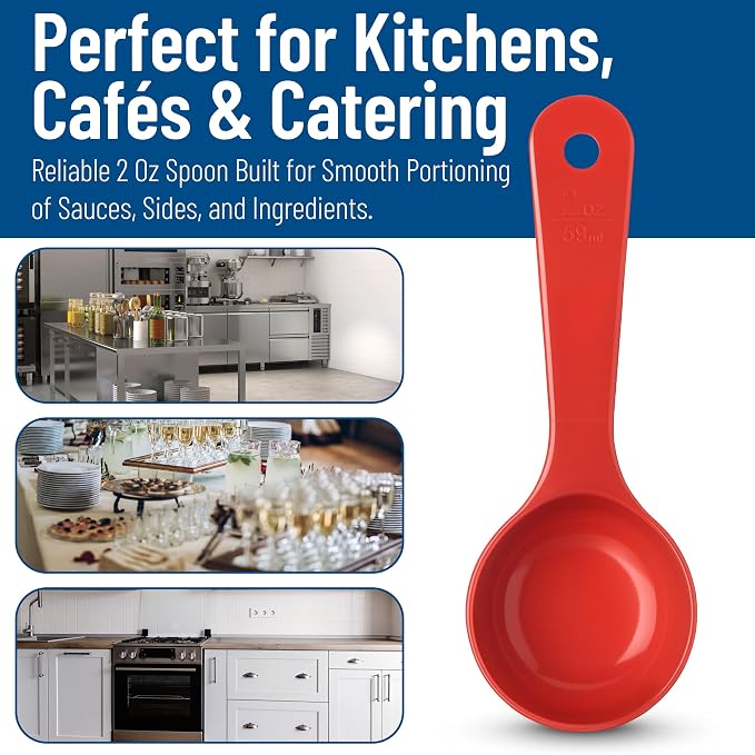 Carlisle FoodService Products 7.10 " 2 Ounce Solid Measuring Spoon – Flat Bottom – Portion Control Spoon – Short Handle Spoon, Red, (Pack of 12)