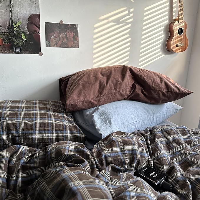 mixinni Vintage Buffalo Plaid Duvet Cover Set California King, 3 Piece Washed Cotton Bedding Set with Grid Pattern, Soft & Breathable Duvet Cover with Pillowcases for All Seasons,(Brown & Blue,Beige)