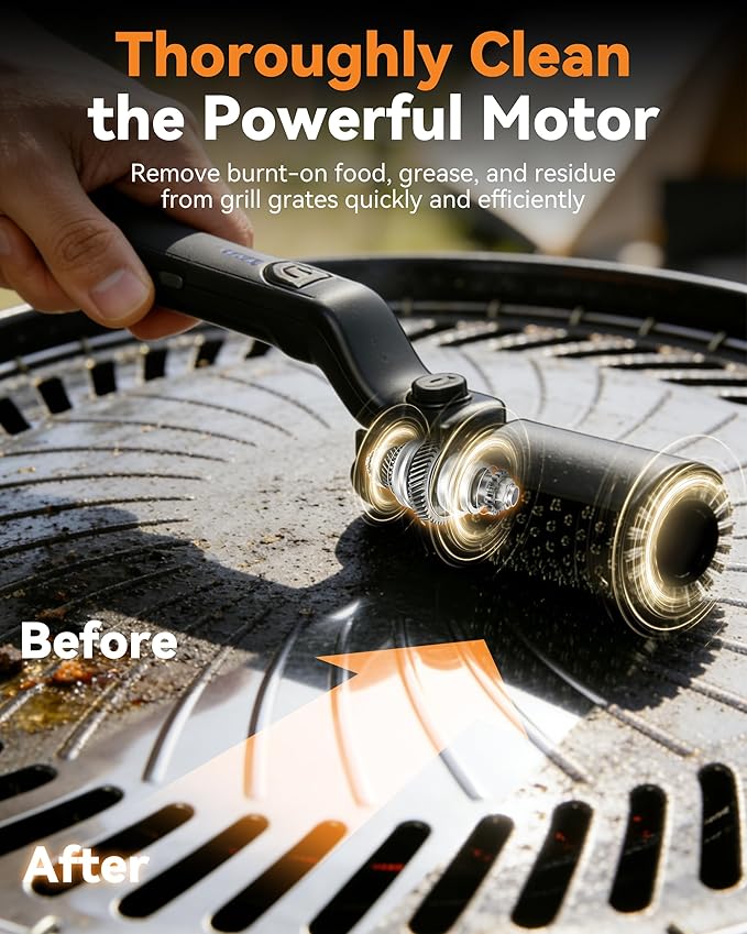 Electric Grill Brush, 3-Speed Cordless BBQ Cleaner, 20kg Max Torque, Adjustable Rotary Head, Reinforced Steel Bristles for Stubborn Grease, for Gas Charcoal Smoker Grates (Grill Brush)