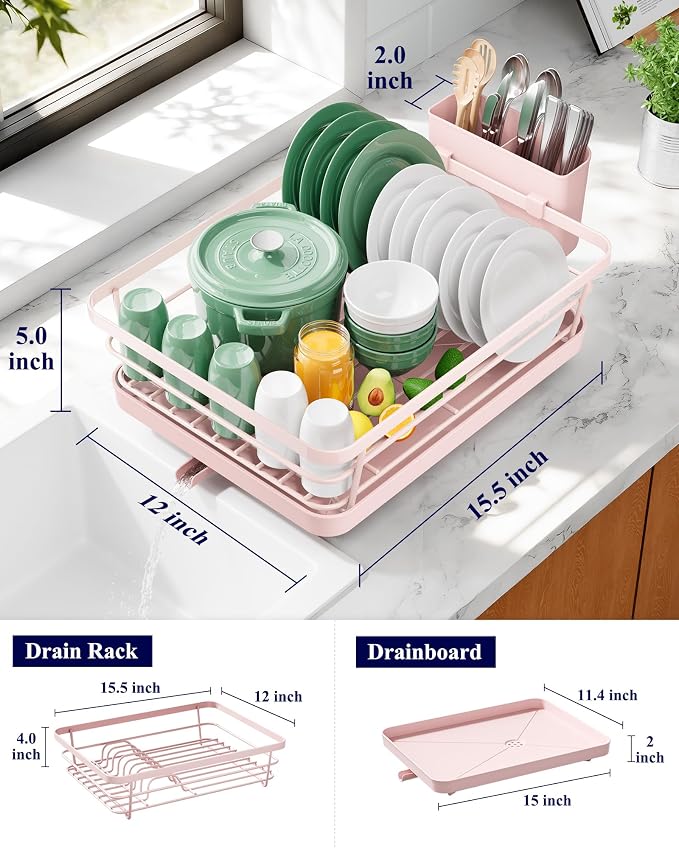 Kitsure Dish Drying Rack for Kitchen Counter, 12''W x 15.5''L, Pink | Stainless Steel Sink Organization, Cutlery Holder, Home and Appartment Decor